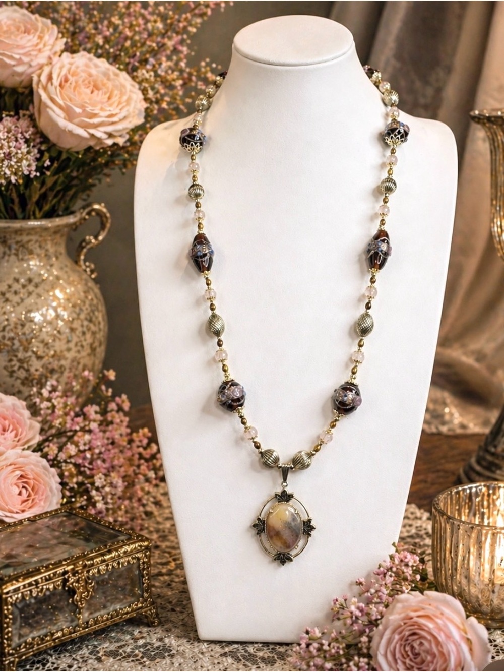 ARTISAN Wedding Cake, Freshwater Pearl, Rose Quartz, & Gemstone Pendant Necklace